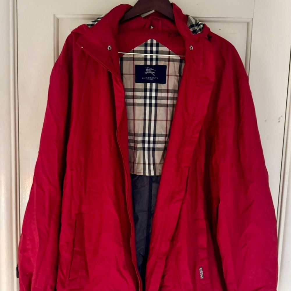 Burberry Red Rain Jacket with Signature Check Trim